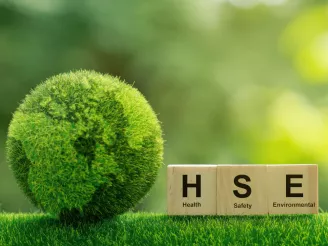 green globe with 3 blocks with letters H S E