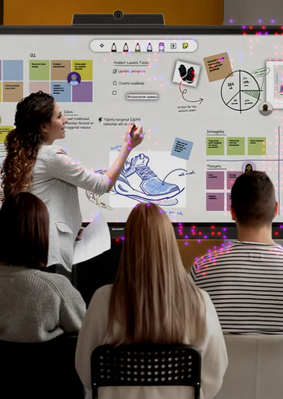 Woman giving a presentation from a Sharp Audio Visual to a room of people